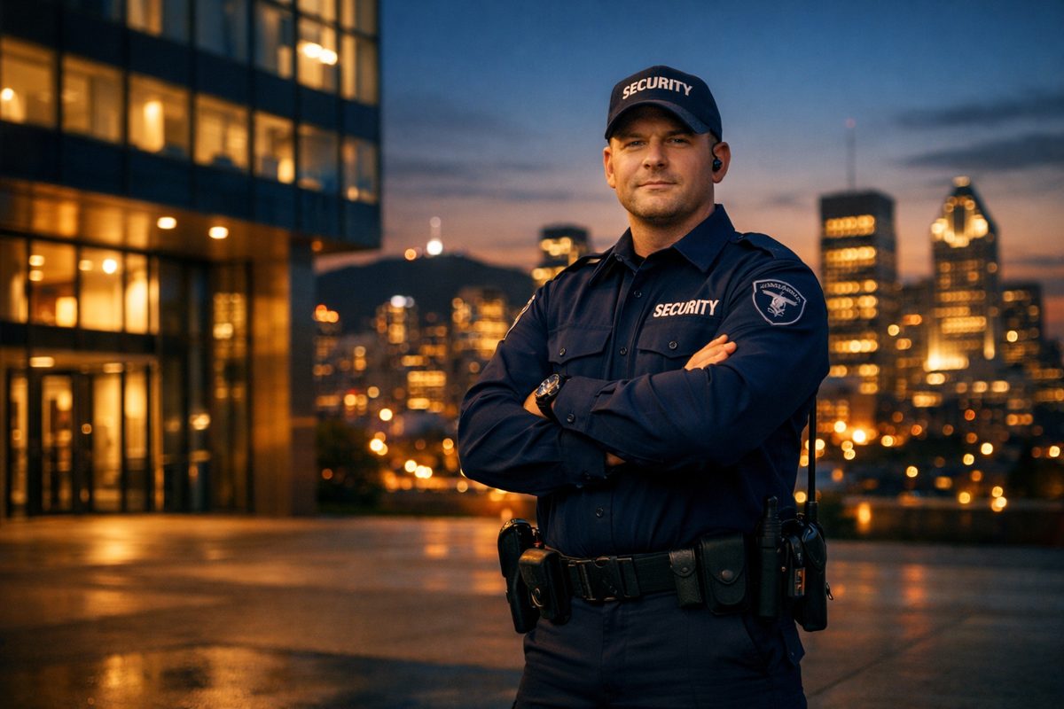 Agent de sécurité VigieMatch devant les gratte-ciel de Montréal la nuit